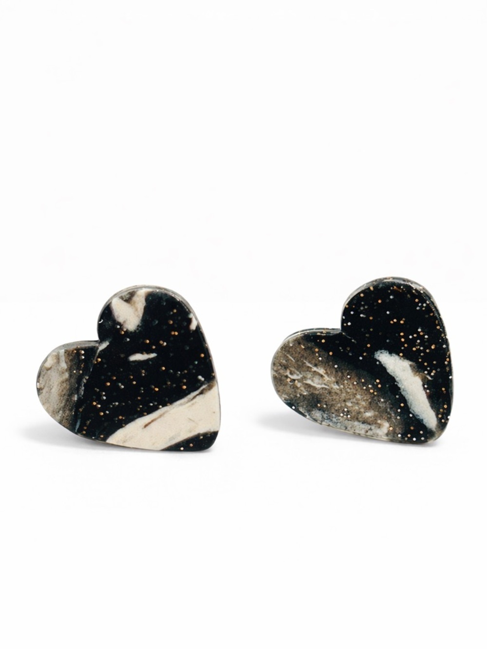 Handmade Black Glitter & White Heart Stud Earrings - Women Jewelry